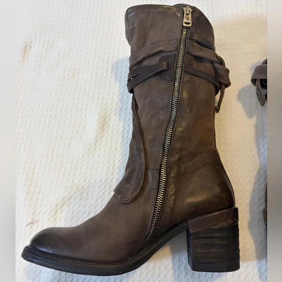 A.S.98 Judd Brown/Gray Leather Strappy Calf Boots Size 39/8.5 Western Boho - Picture 6 of 16